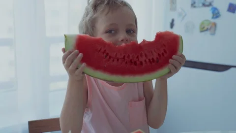 Happy boy appetizing eating red watermelon and juice flowing under the teeth Stock Footage 93528885