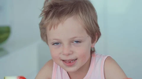 Happy boy appetizing eating red watermelon and juice flowing under the teeth Vidéo 93530079