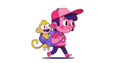 Happy boy with backpack and monkey friend walking on white background Иллюстрация