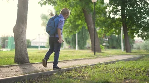 Happy boy with backpack goes to school. Child goes back to school. Kid walks Stock Footage 171655265