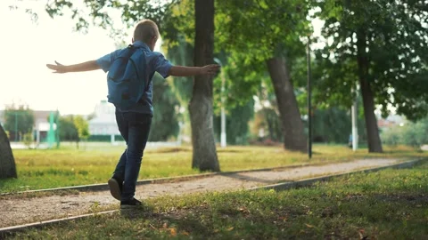 Happy boy with backpack goes to school. Child goes back to school. Kid walks Stock-Footage 172153074