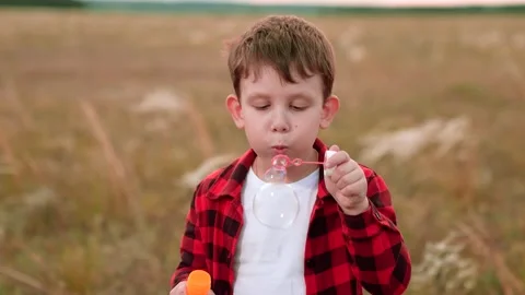 Happy boy blows soap bubbles from bottle in autumn field of crops closeup Stock Footage 254300873