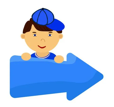Happy boy with blue arrow with frame for text Stock Illustration