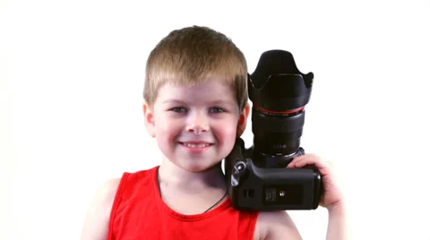 Happy boy with a camera smiling 스톡 동영상 37204351