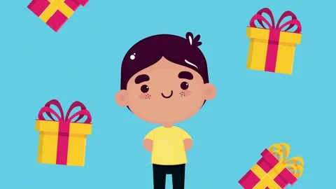 Happy boy cartoon animation with falling colorful gift boxes on blue backgr.. Stock Footage 339116688