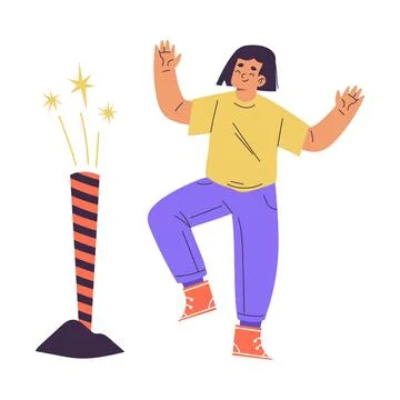 Happy Boy Character Setting Off Firework Vector Illustration Stock Illustration