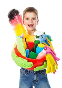 Happy boy with cleaning tools Stock Photos
