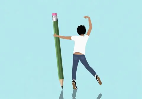 Happy boy dancing with large pencil against blue background イラスト素材