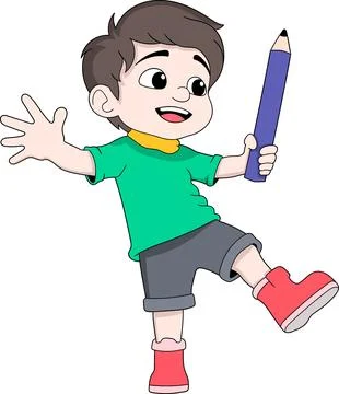 Happy Boy Dancing with Pencil School Holiday Cartoon Vector Illustration Illustrazione stock