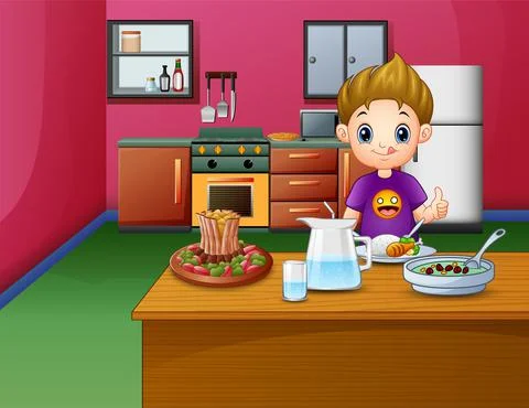 Happy boy eating at the dining table イラスト素材