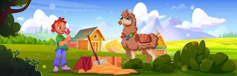 Happy boy eats candy near wooden box with llama Stock Illustration
