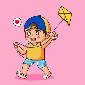 Happy Boy Flying Kite Vector Illustration Kawaii Stock-Illustration