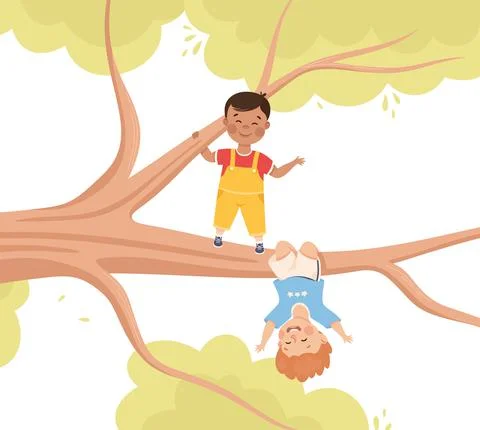 Happy Boy Hanging Upside Down on Tree Branch Having Fun Enjoying Summer Vector Illustrazione stock