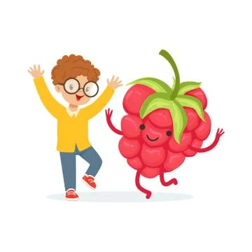 Happy boy having fun with fresh smiling raspberry, healthy food for kids Stock Illustration