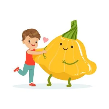 Happy boy having fun with fresh smiling squash vegetable, healthy food for kids Stock Illustration