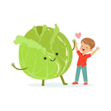 Happy boy having fun with fresh smiling cabbage vegetable, healthy food for kids Stock Illustration