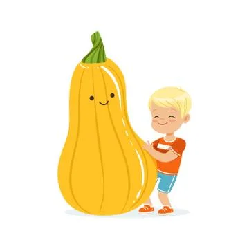 Happy boy having fun with fresh smiling zucchini vegetable, healthy food for Stock Illustration