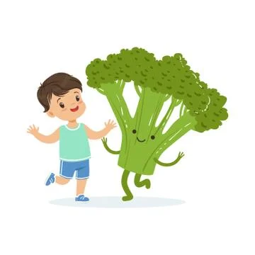 Happy boy having fun with fresh smiling broccoli vegetable, healthy food for Stock Illustration