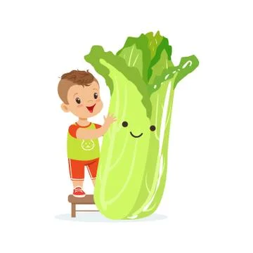 Happy boy having fun with fresh smiling chinese cabbage vegetable, healthy food Stock Illustration