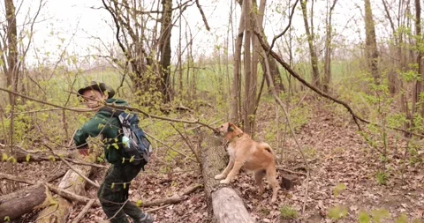 Happy boy is having fun playing in the park forest with a beautiful dog. Stock Footage 153276036