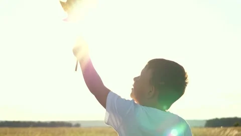 Happy boy holding windmill his hand. portrait boy smile. childhood dream child Stock Footage 247126445