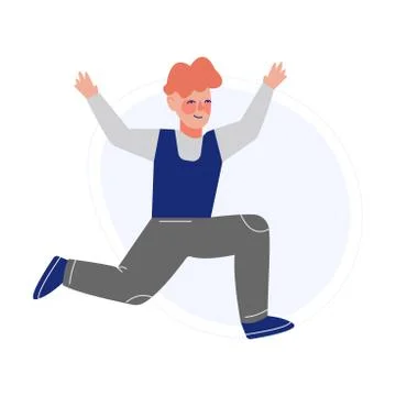 Happy Boy Joyfully Jumping, Smiling Schoolchild Having Fun Vector Illustration Stock Illustration