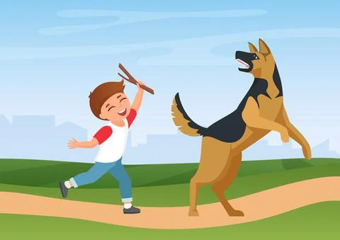 Happy boy kid training, playing with dog in nature summer park landscape, fun Ilustración de archivo