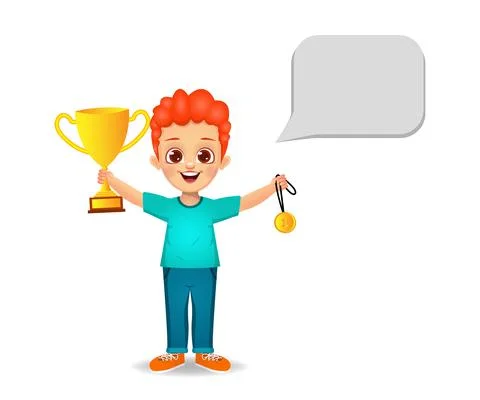 Happy boy kid with trophy cup and medal vector Stock Illustration
