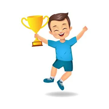 Happy boy kid with trophy cup vector イラスト素材