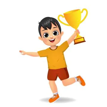 Happy boy kid with trophy cup vector Stock Illustration