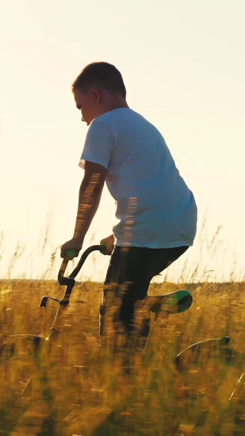 Happy boy learning ride bicycle park, child schoolboy son rides bicycle sunset Stock Footage 277564832