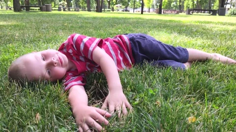 A happy boy lies in the grass, stroking her and looking at the sky. Sometimes so Stock Footage 134440159