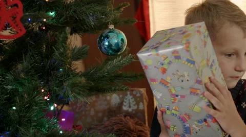 Happy boy looking for presents under the new year tree Vidéo 67695837