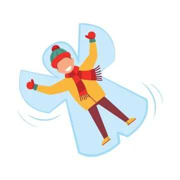 Happy boy lying in the snow makes a snow angel. Vector illustration on white Stock Illustration