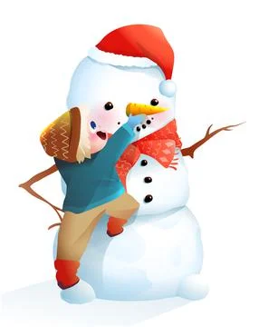 Happy Boy Making Snowman in Winter Play with Snow Stock Illustration