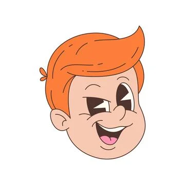 Happy boy mascot face with expressive eyes and bright red hair drawn in vinta Stock Illustration