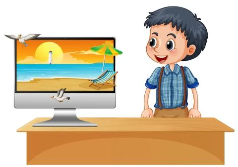Happy boy next to computer with beach on screen Illustrazione stock