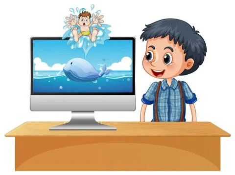 Happy boy next to computer screen with ocean scene Illustrazione stock