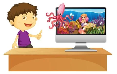 Happy boy next to computer with underwater scene on screen Stock Illustration