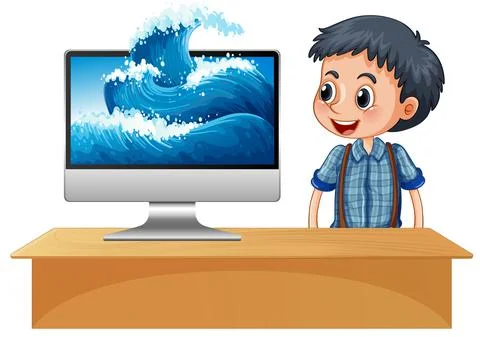 Happy boy next to computer with waves on screen Illustrazione stock