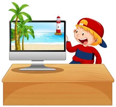 Happy boy next to computer woth beach scene on screen Stock Illustration