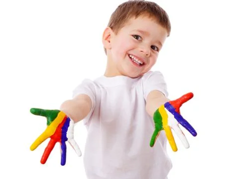 Happy boy with painted hands Stock Photos