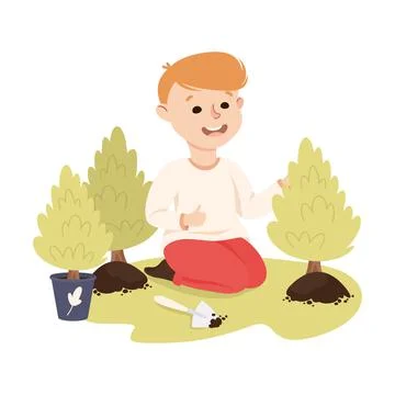 Happy Boy Planting Tree Sapling, Save the World, Ecology Concept Cartoon Vector Stock Illustration