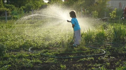Happy boy playing hosing on backyard Stockbeeldmateriaal 50503371
