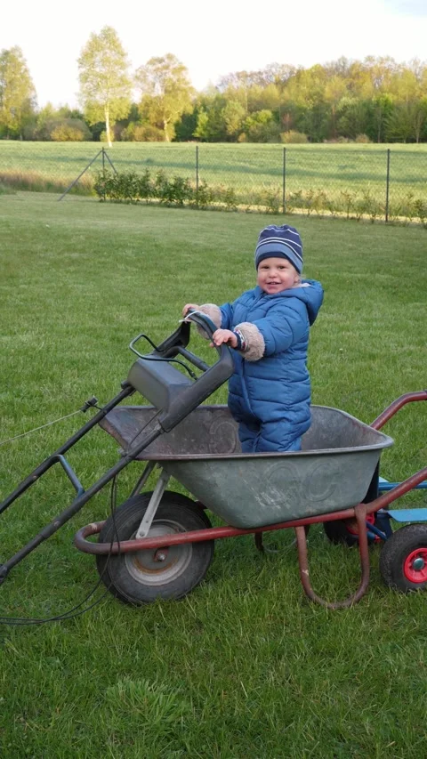 Happy boy Playing with Lawn Mower and Wheelbarrow Stock Footage 323331632