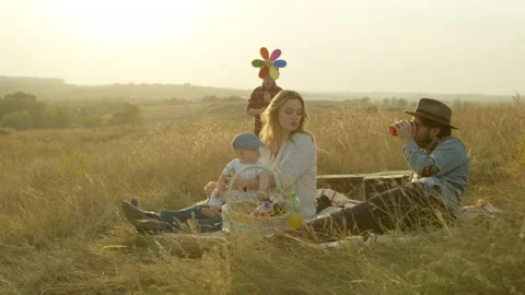 Happy boy playing with parents during picnic Stock Footage 140763284