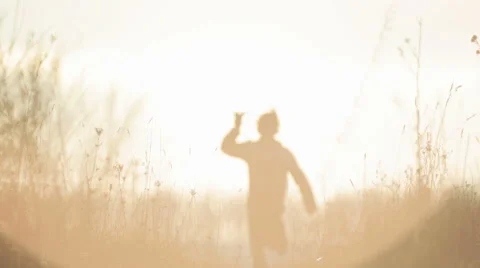 Happy boy playing with a toy bird. The playful child with a toy at sunrise. Stock Footage 59100972