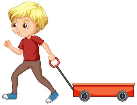 Happy boy pulling wagon on white background 스톡 일러스트