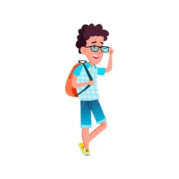 Happy boy pupil with backpack going to college cartoon vector Illustrazione stock