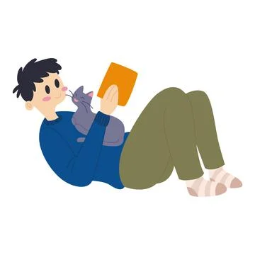 Happy boy reading a book Cute cat Hygge lifestyle. Vector Stock Illustration